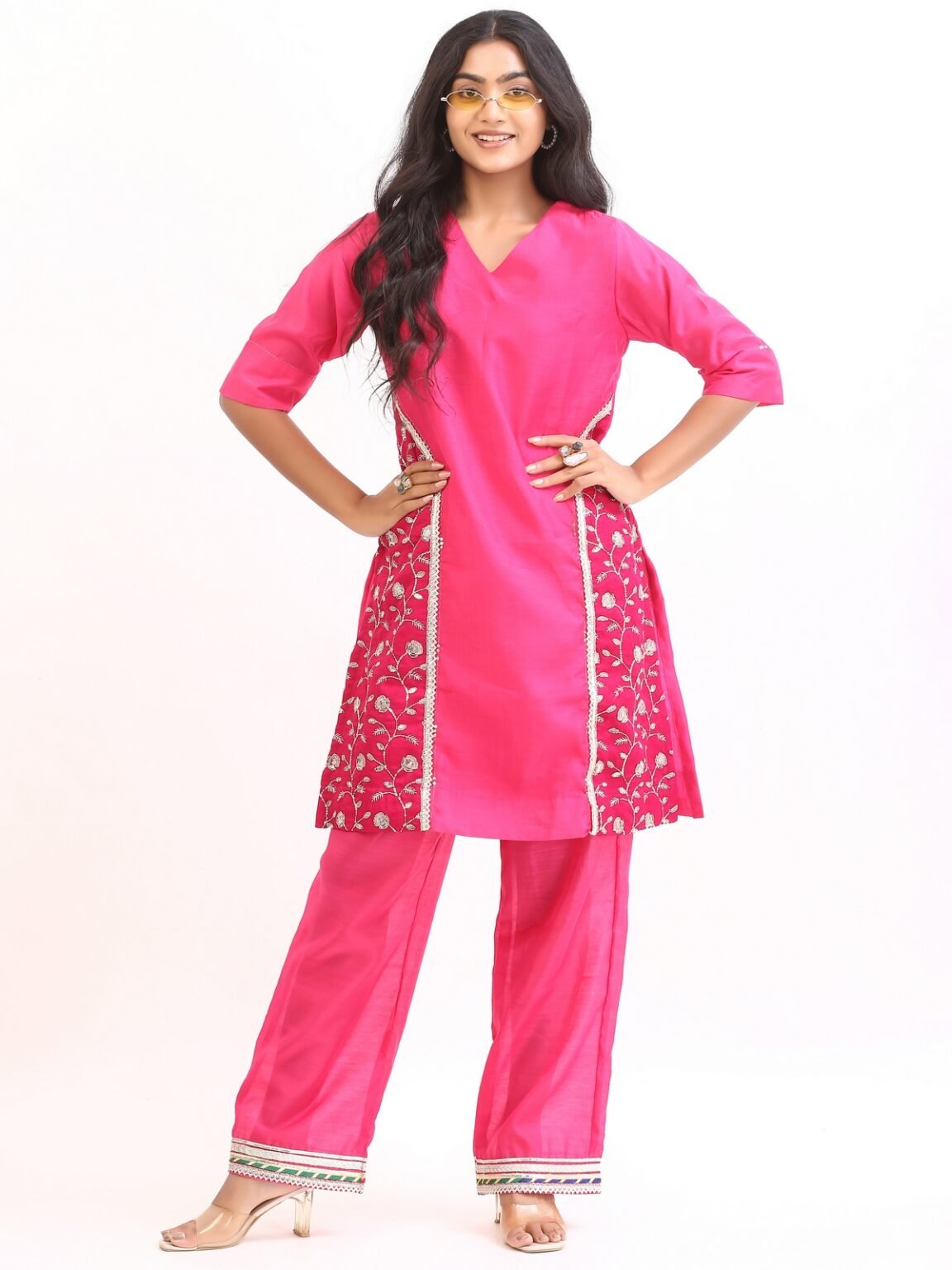 Rani Pink Embroidered Panel Kurta Set with Dupatta